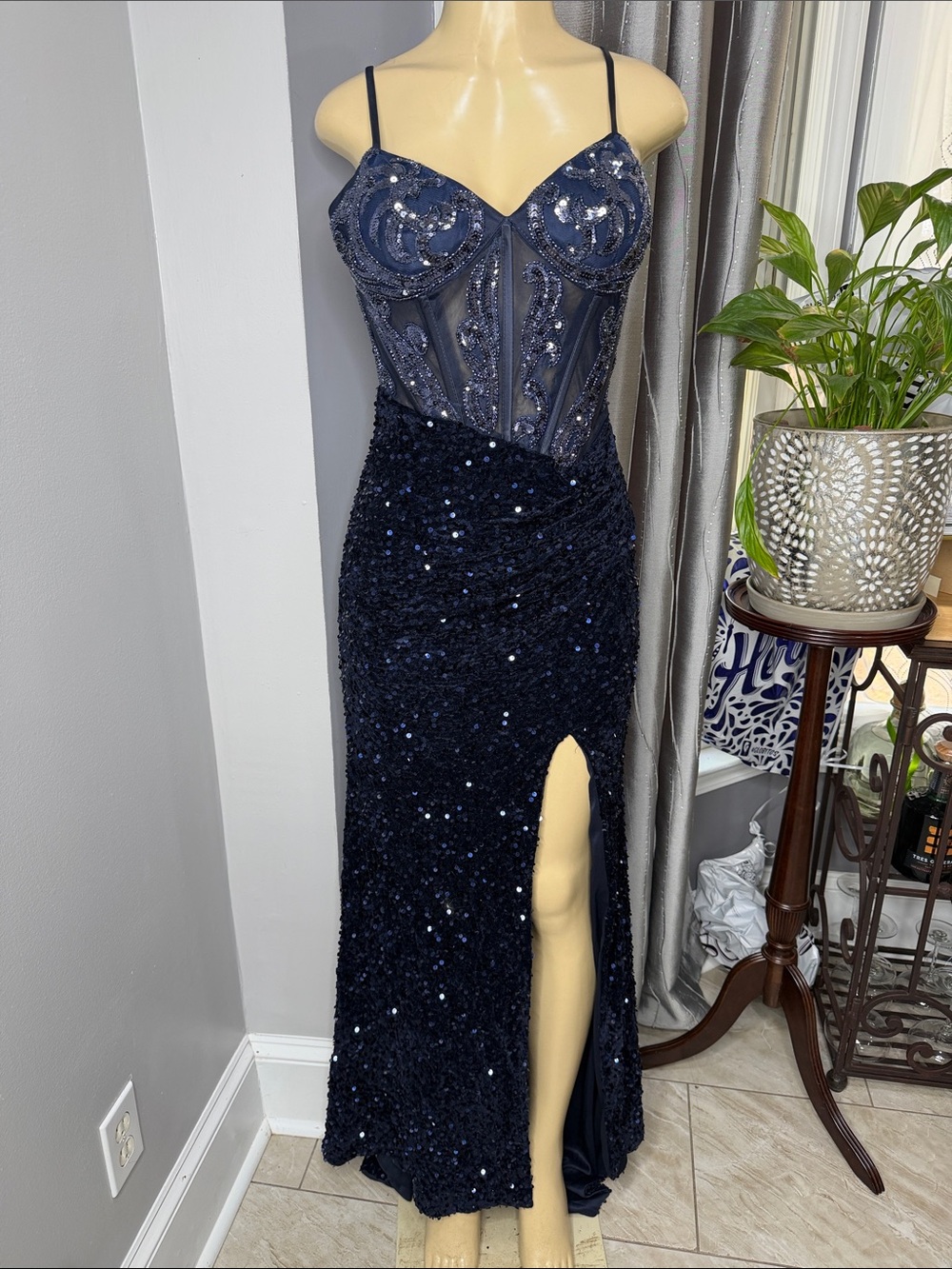 Ao Yan Women’s Navy Sequin Prom Gown with Sheer Embellished Bodice Sz 8